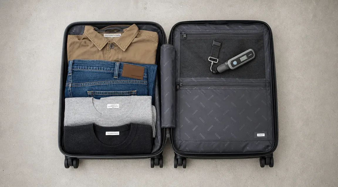 Overhead view of a packed carry-on suitcase with a small digital luggage scale tucked into the mesh pocket