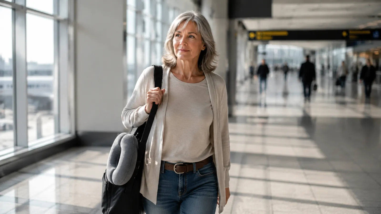 Traveler arriving at a destination looking refreshed, memory foam pillow tucked into a bag strap