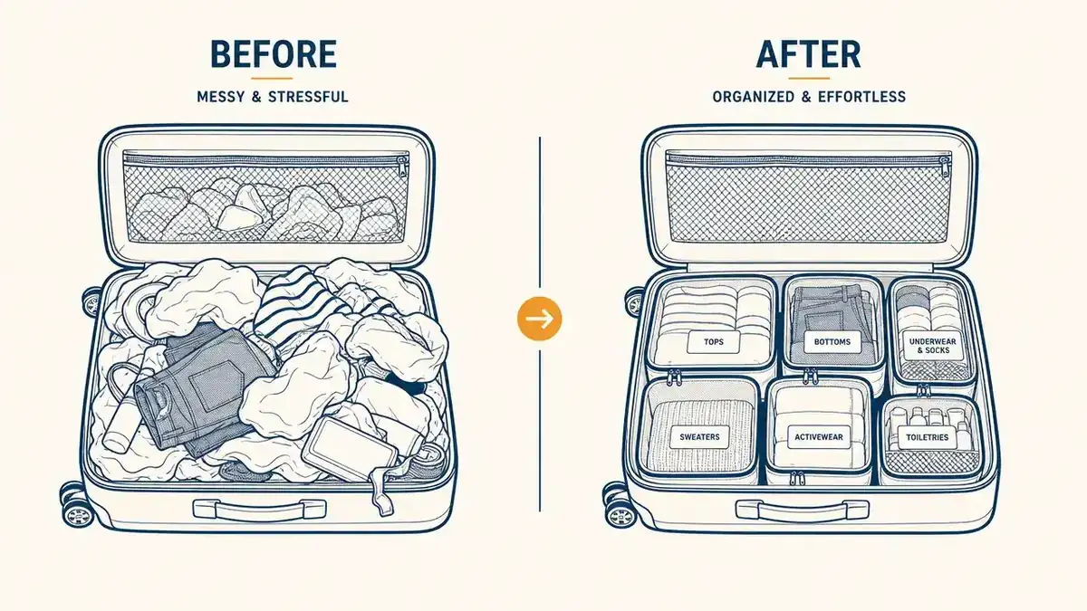 Side-by-side illustration comparing a chaotic unpacked suitcase versus a neat packing-cube organized bag