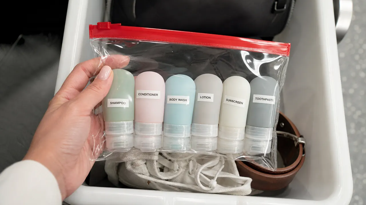 Transparent quart-size zip bag showing labeled travel bottles fitting neatly inside TSA checkpoint tray