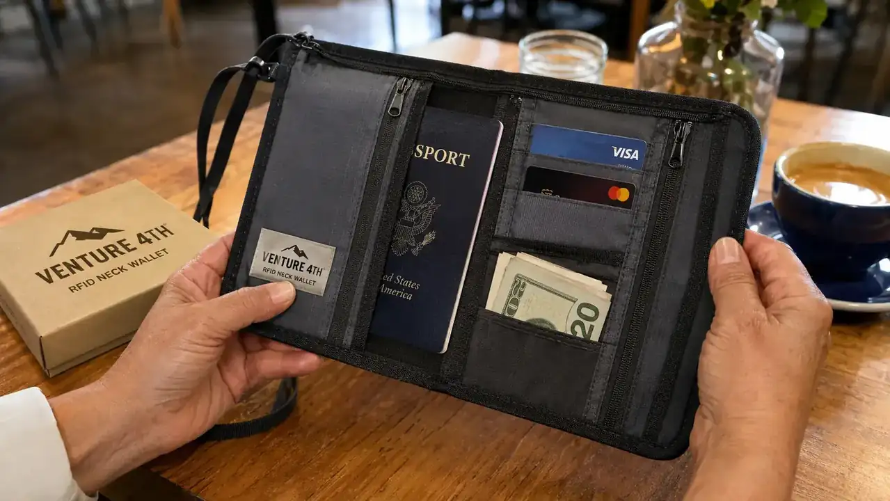 VENTURE 4TH neck wallet open, showing passport and credit cards inside RFID-blocking compartments