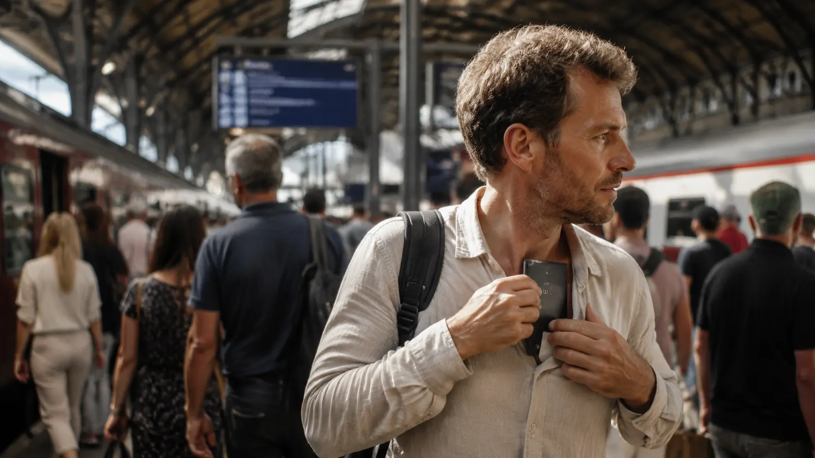 Traveler tucking neck wallet under shirt before entering a busy train station