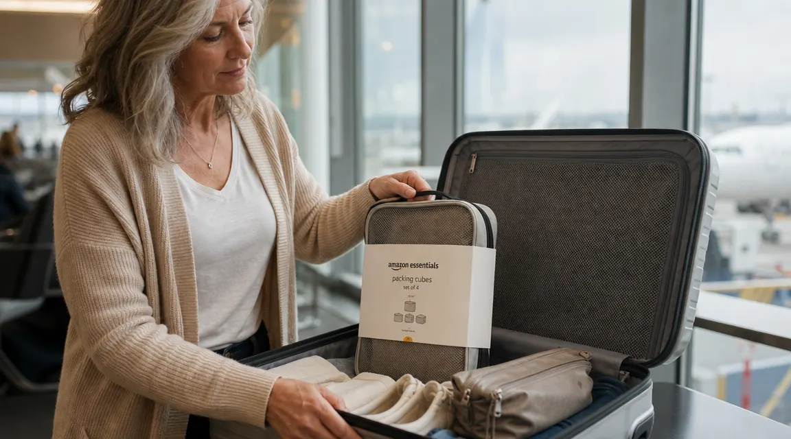 Amazon Essentials packing cube standing upright in an open carry-on suitcase alongside other travel items