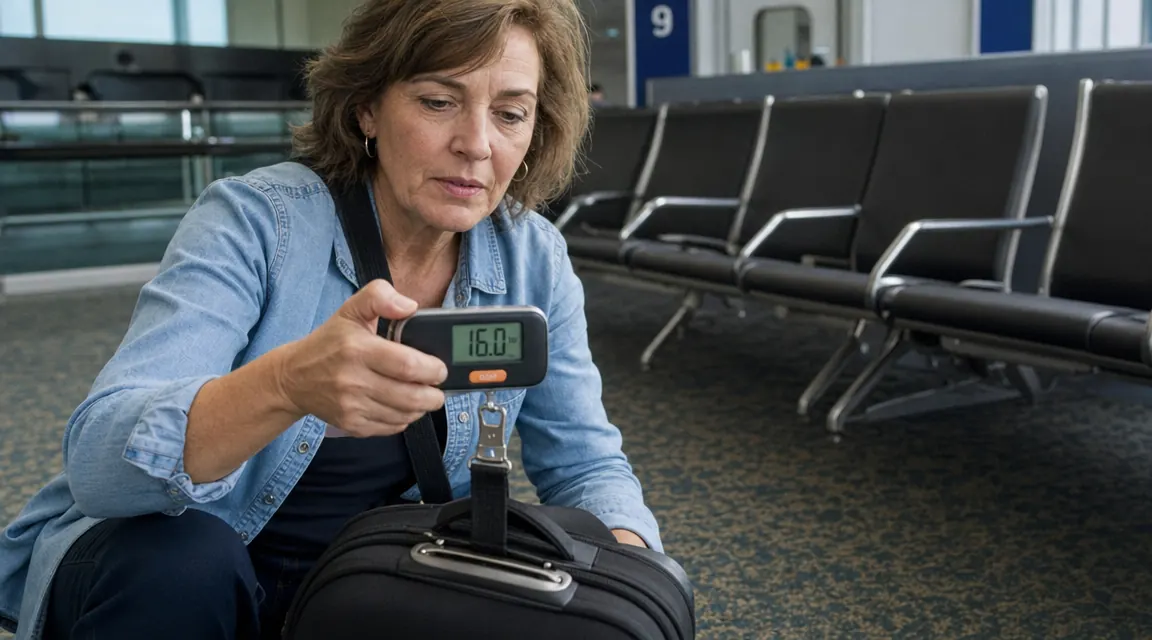 Traveler reading a luggage scale display under dim airport gate lighting, squinting slightly at the orange LCD screen