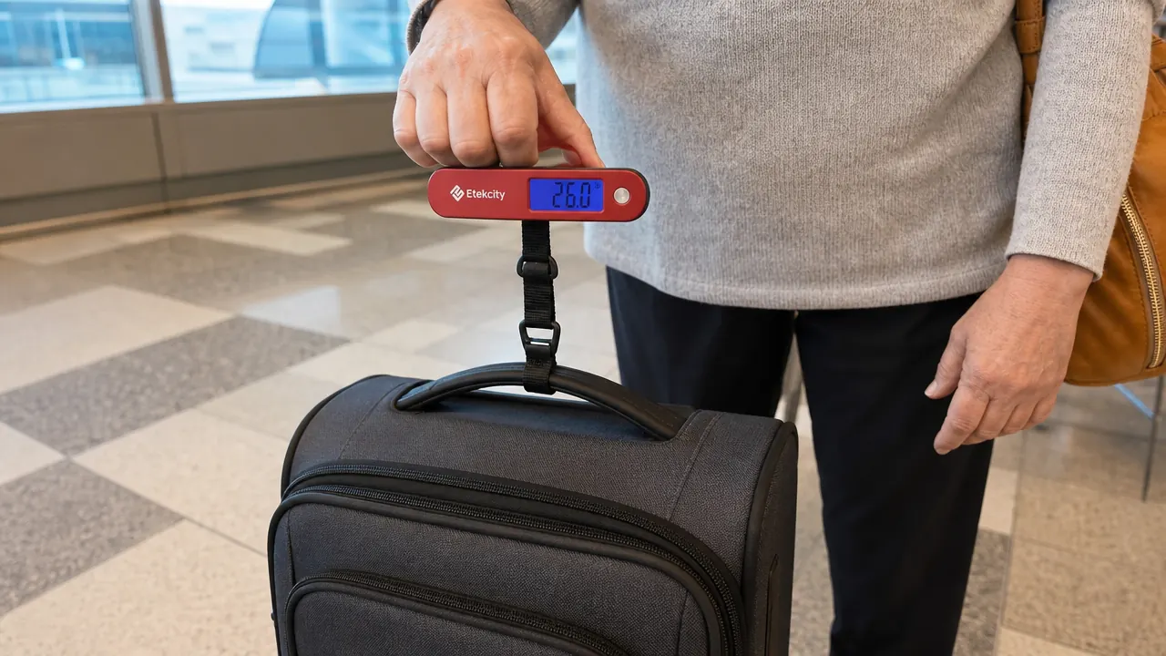 Hand holding the Etekcity luggage scale strap while lifting a rolling suitcase off the floor