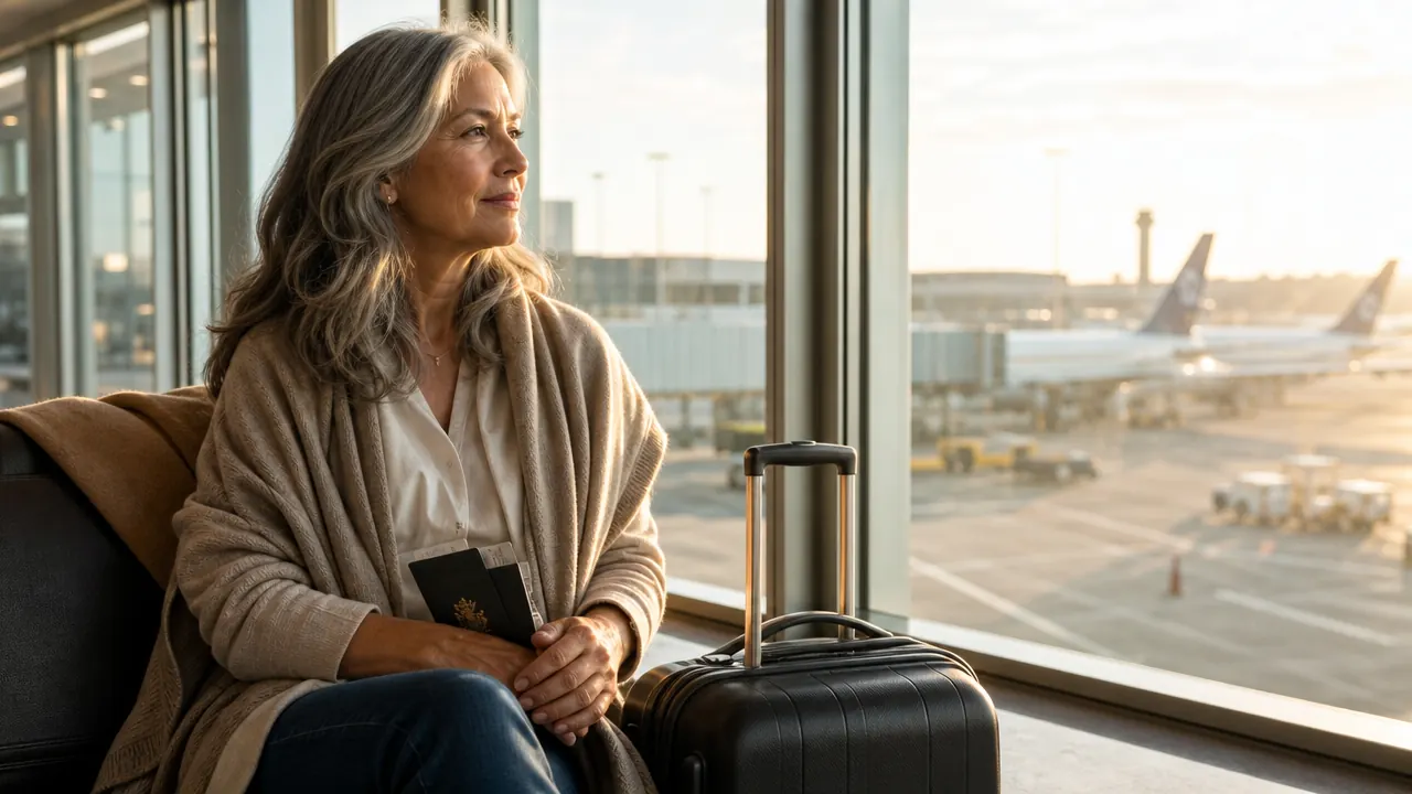 A seasoned traveler organizing a neatly packed carry-on bag with packing cubes on a hotel bed in warm morning light