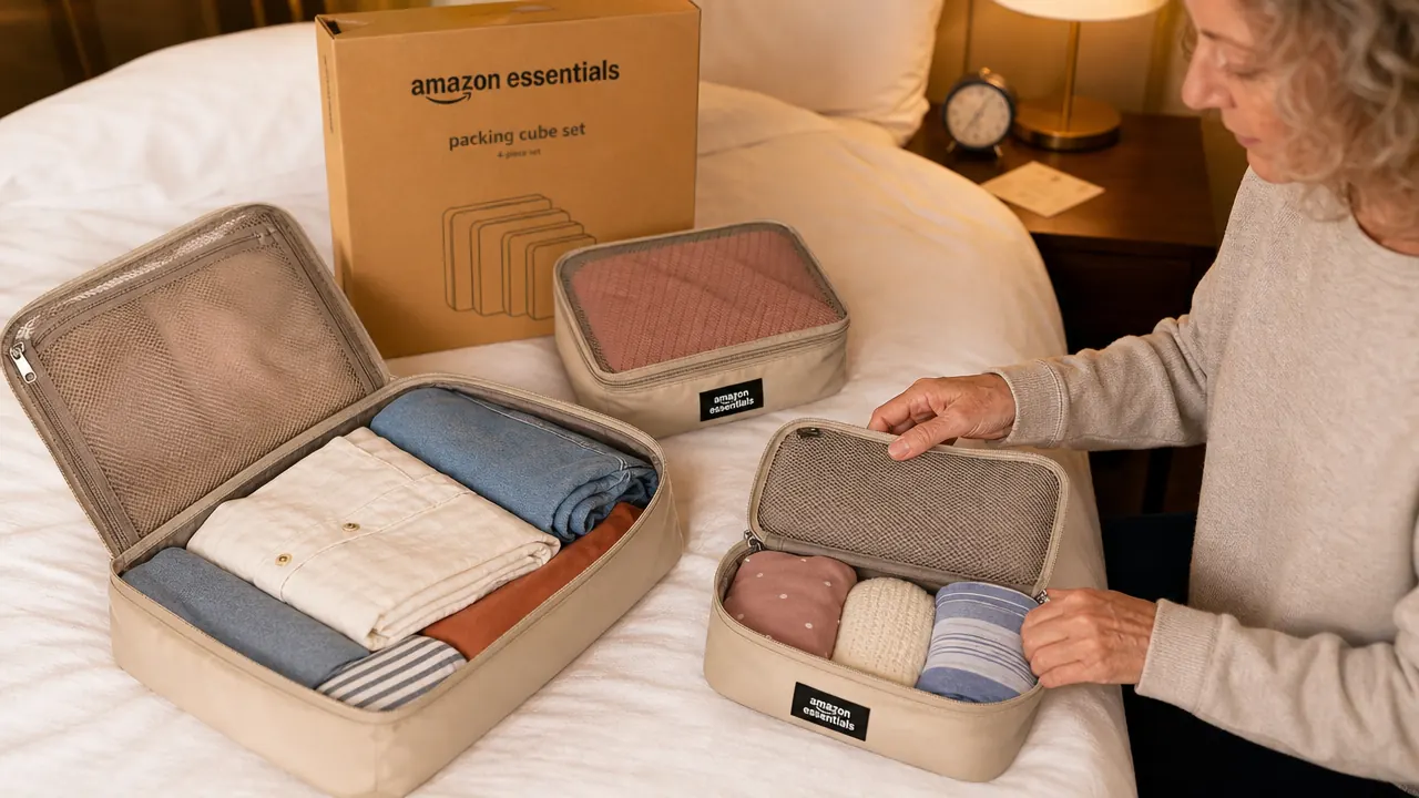 Four colorful packing cubes laid open next to a carry-on suitcase on a bed, clothes neatly sorted inside each cube
