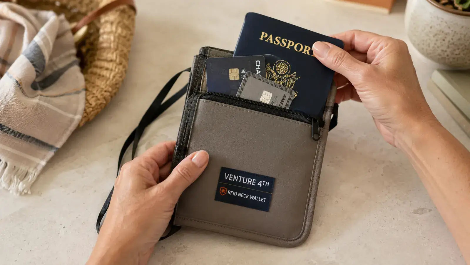 Close-up of hands placing a passport and two credit cards into the VENTURE 4TH RFID neck wallet