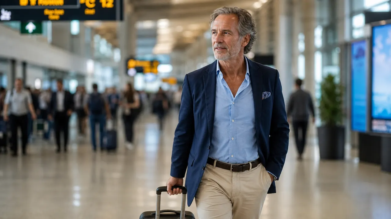 Traveler confidently walking through a busy airport terminal, neck wallet invisible under a button-down shirt