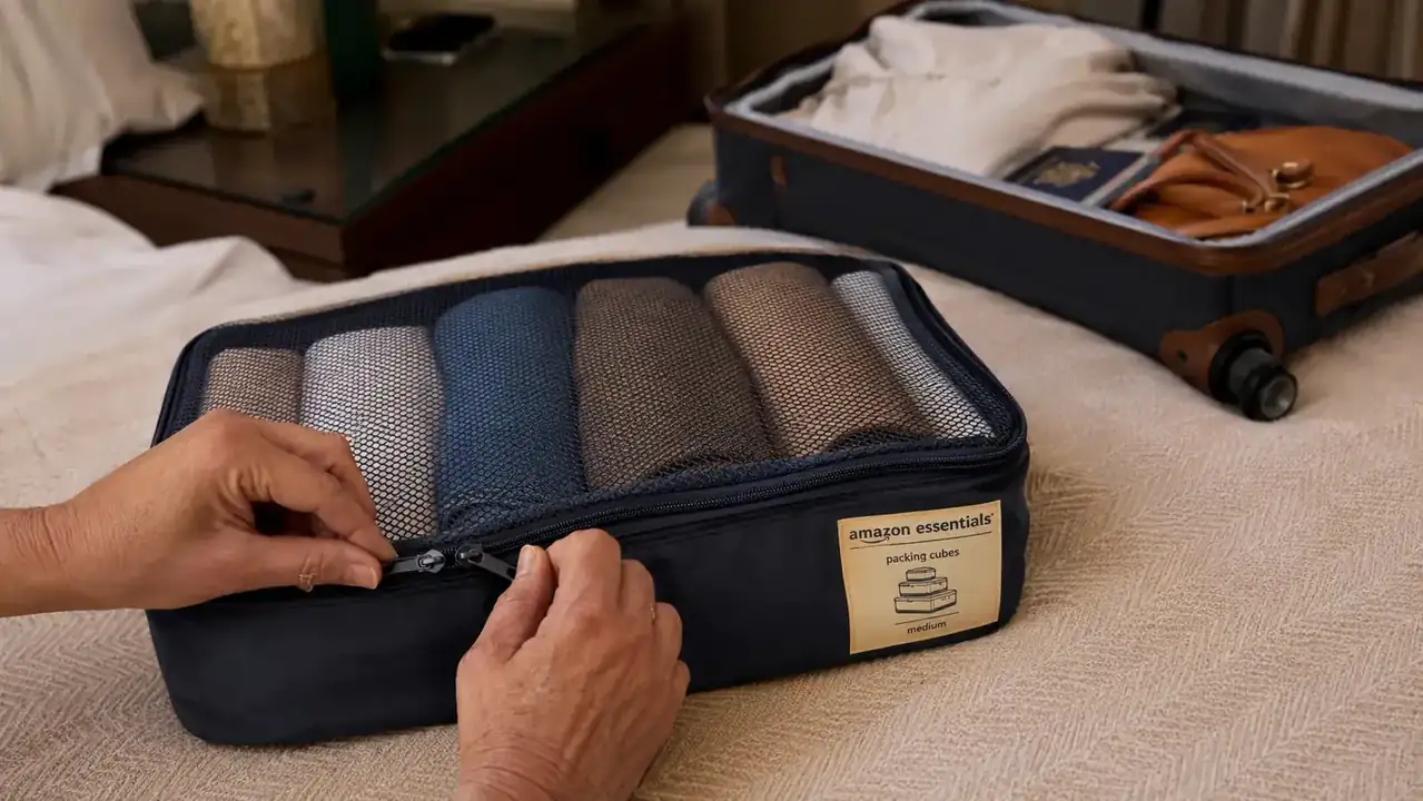 Hands pressing closed a packing cube filled with rolled shirts and pants on a bed, carry-on suitcase open nearby
