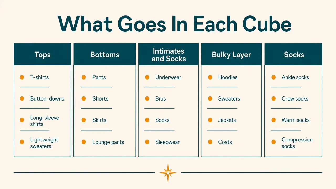 Chart showing clothing items assigned to each of four packing cubes for a seven-day trip