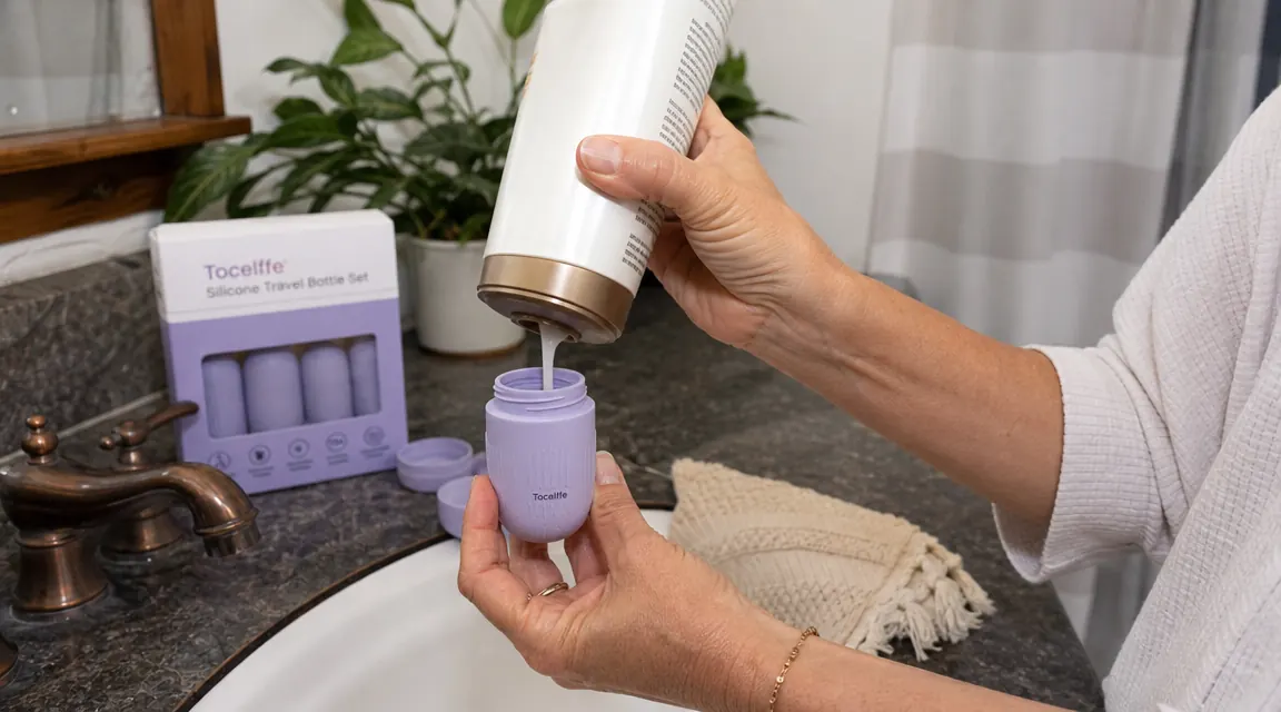 Hands filling a small silicone travel bottle with shampoo over a bathroom sink