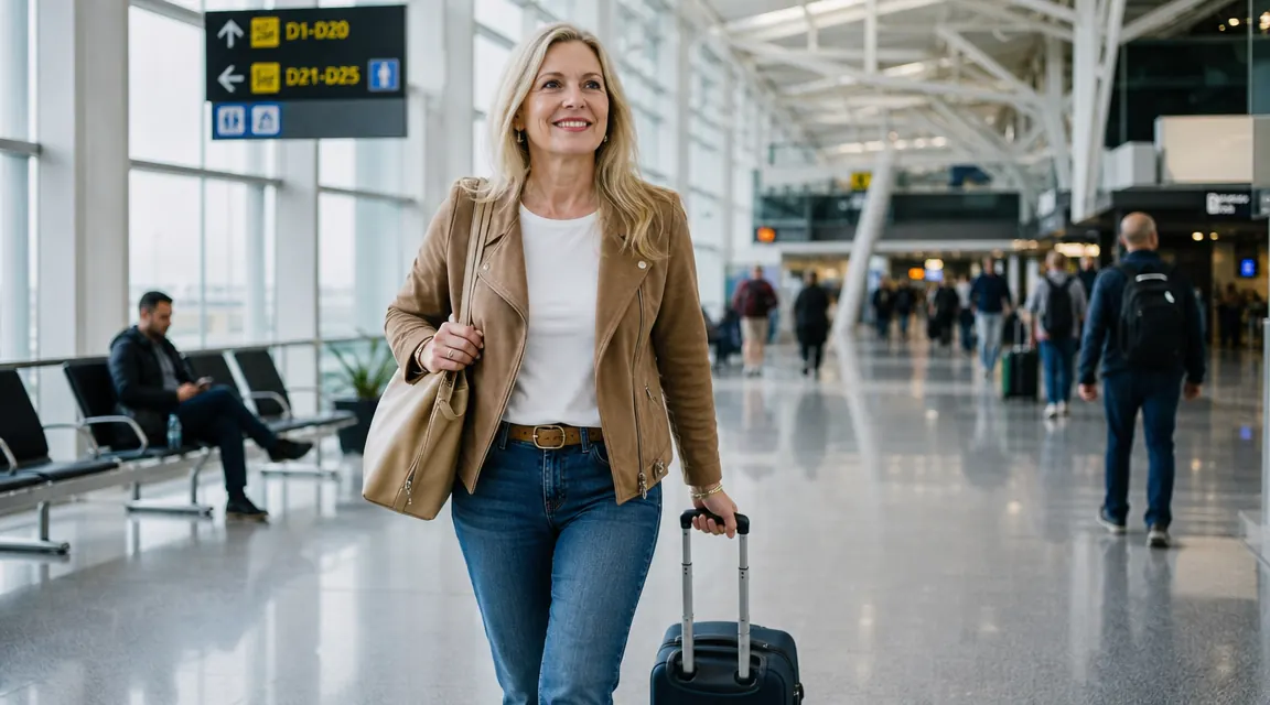 Traveler confidently walking through an airport terminal pulling a carry-on suitcase, no checked bag in sight