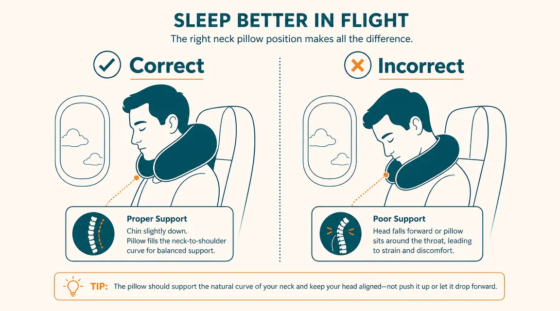 Diagram showing correct vs incorrect neck pillow angle for airplane sleeping
