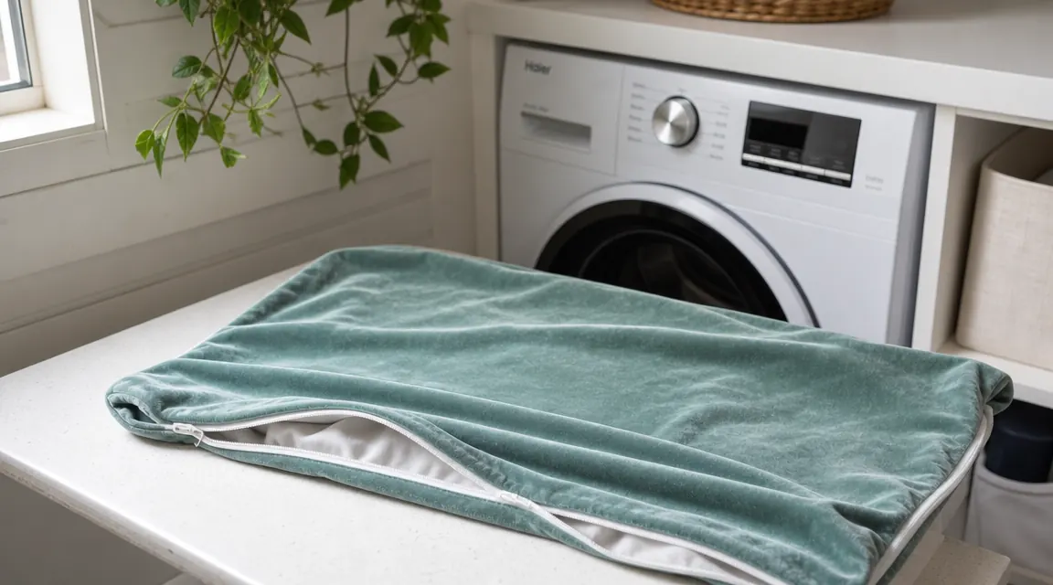 Neck pillow cover removed and laid flat next to a washing machine, showing the zipper closure and velour fabric