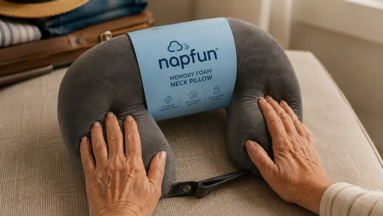 Hands holding the napfun memory foam neck pillow, showing the foam density and fabric texture