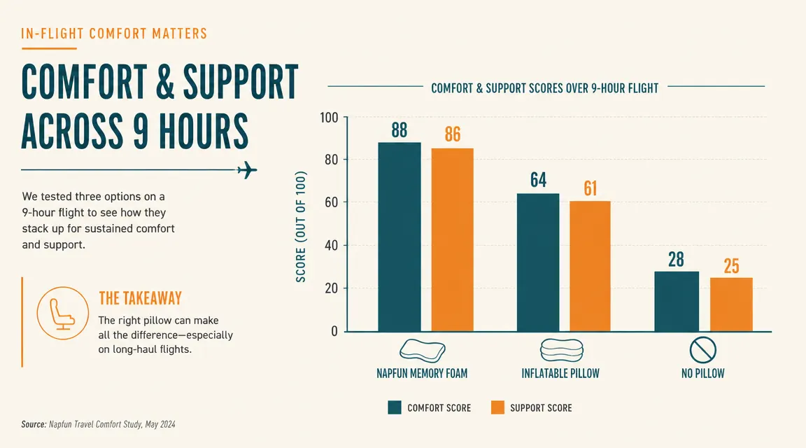 Side-by-side comparison chart of sleep quality scores across three neck pillows over a 9-hour flight
