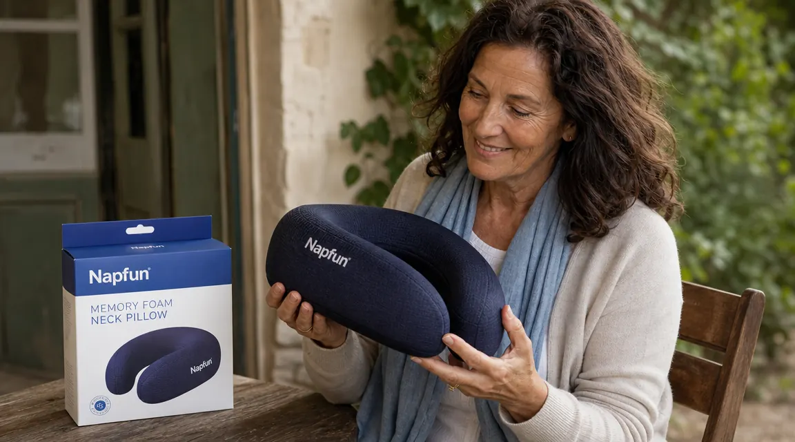 A hand holding the napfun neck pillow, showing its memory foam density and ergonomic shape