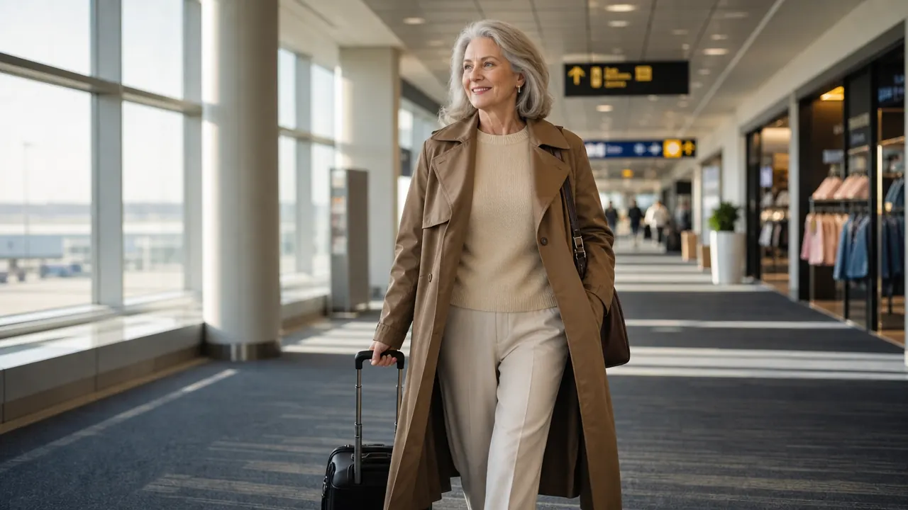 Woman arriving at an airport gate looking rested, rolling carry-on bag, morning light streaming through terminal windows