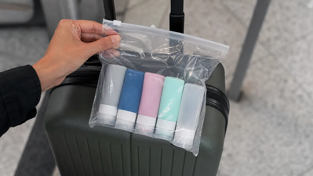 A set of labeled silicone travel bottles in a clear quart-size zip bag next to a carry-on