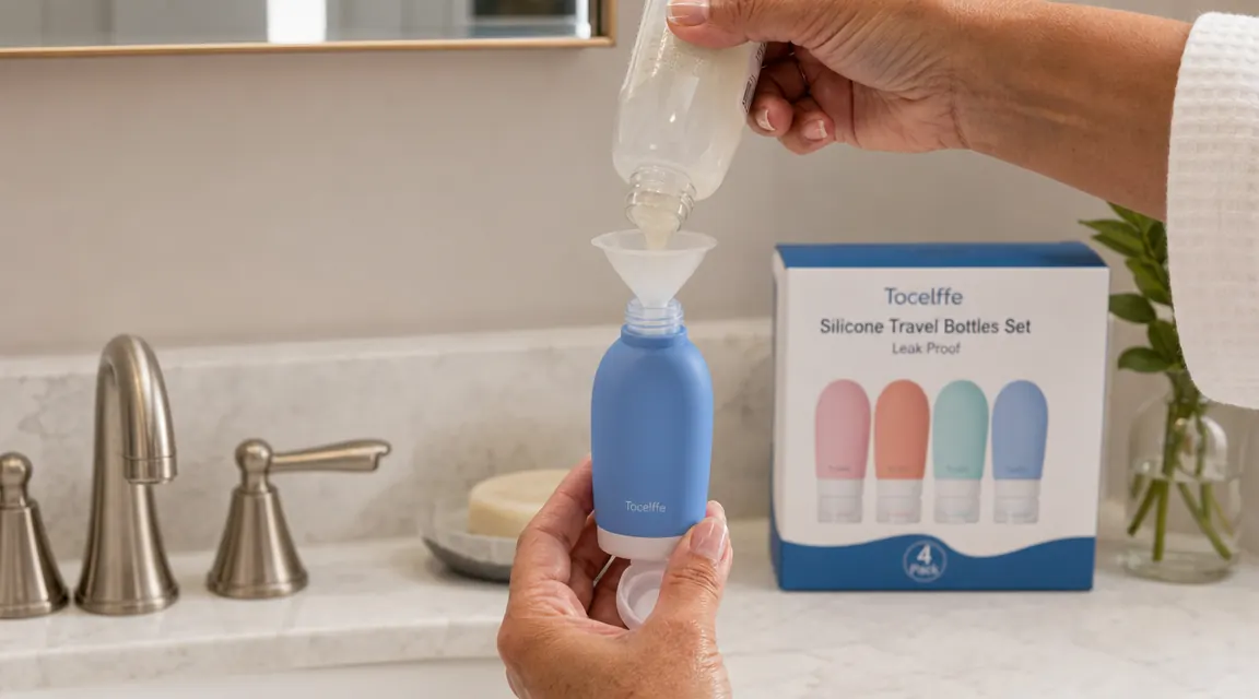 Person filling a small silicone travel bottle using a funnel over a bathroom sink