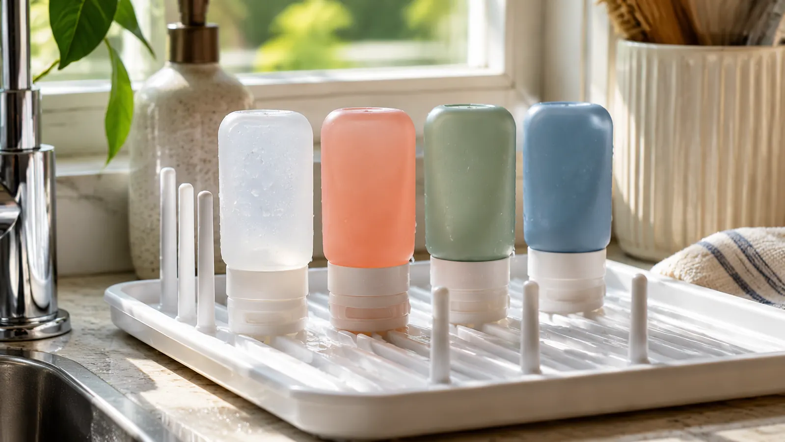 Silicone travel bottles drying upside down on a dish rack after washing