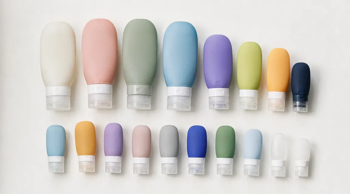 All 18 silicone travel bottles from the set laid out by size on a flat white surface