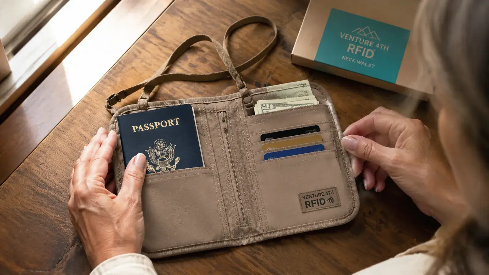 VENTURE 4TH neck wallet open on a wooden table showing passport, credit cards, and folded cash inside its compartments
