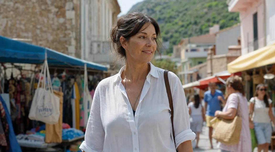Traveler wearing a neck wallet concealed under a light linen shirt while walking through a busy market